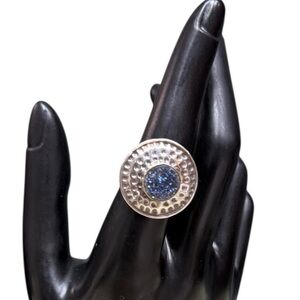 Sterling Silver Blue Druzy Quartz Cocktail Ring Size 8 Hammered Disc Design